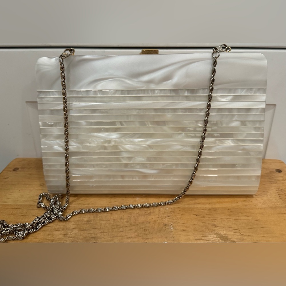 Vintage Lucite Pearl Gold Art Deco Evening Bag Clutch flapper glam party wedding